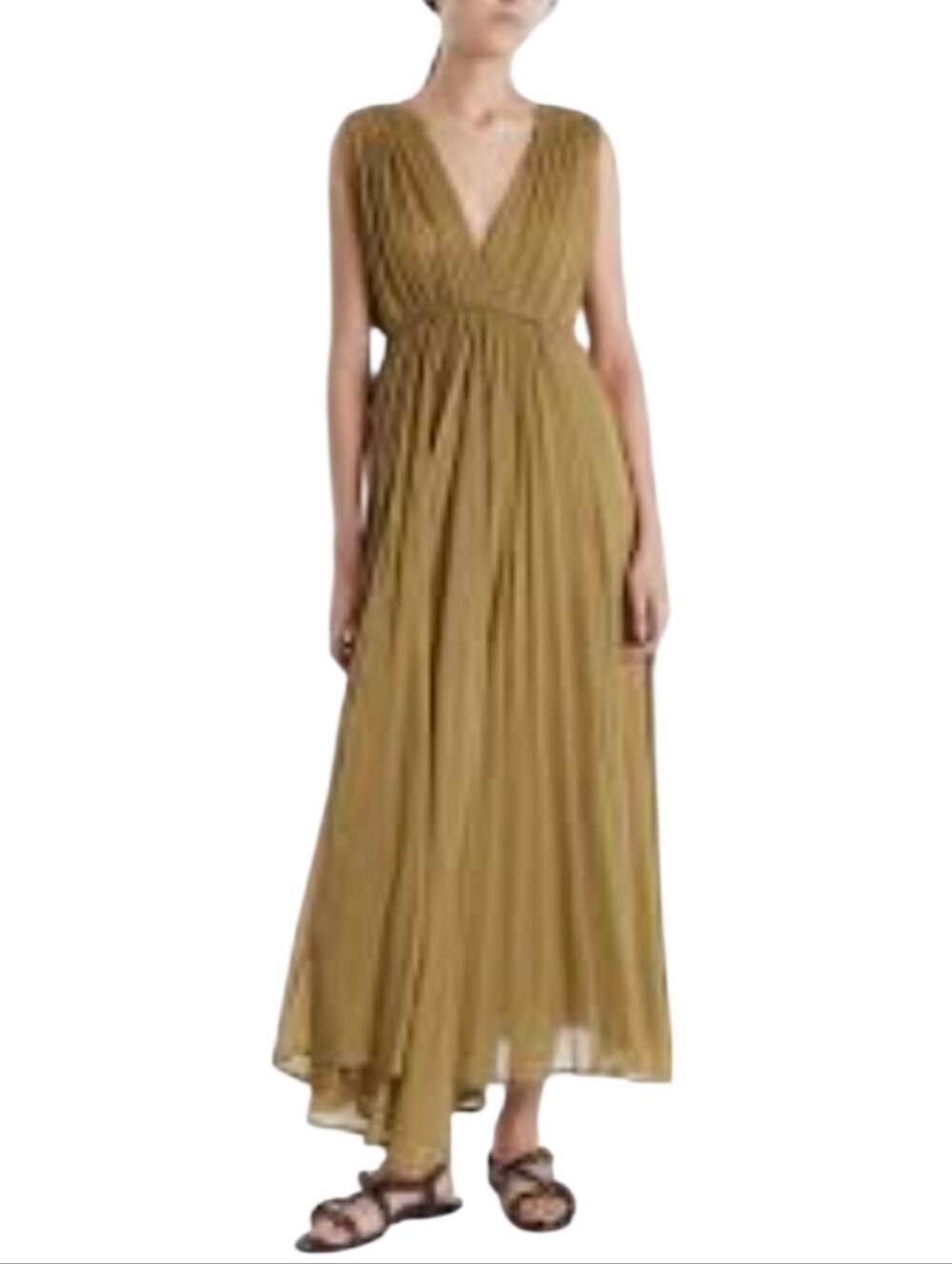 Mariacher Womens Maxi Dress S Cotton Silk‎ Olive Green Pleated V Neck Open Back